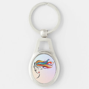 Abstract Woman with Colourful Flowing Hair Art Key Ring