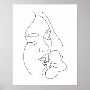 Abstract Woman's Face With A Flower Line Art Poster