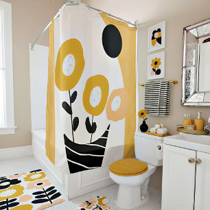 Abstract yellow and back flower minimalist art shower curtain