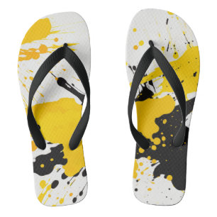Abstract Yellow and Black Paint Splash Flip Flops