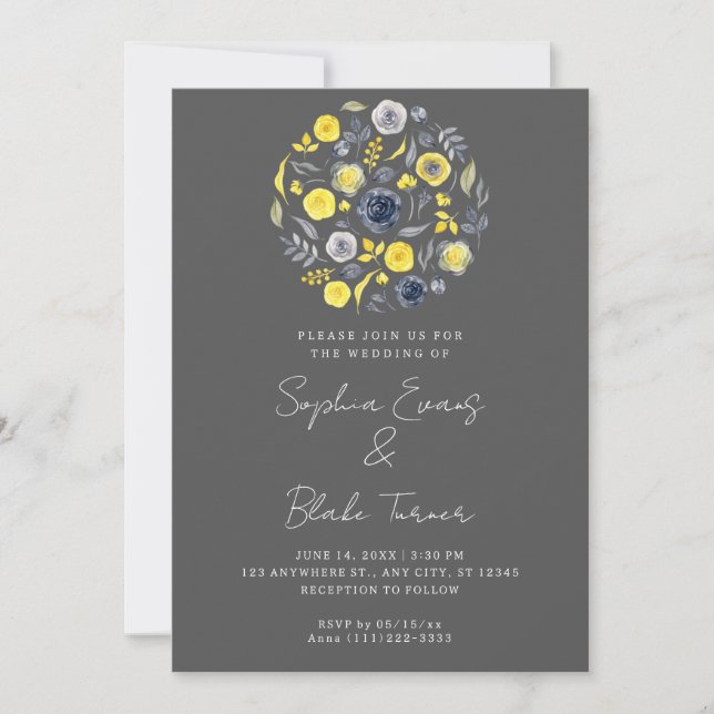 Abstract Yellow and Blue Bouquet Grey Wedding Invitation (Front)
