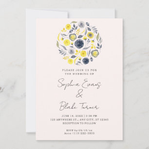 Abstract Yellow and Blue Bouquet Pale Pink Wedding Invitation