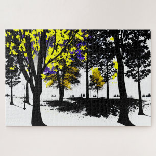 Abstract Yellow and Blue Silhouette Trees Jigsaw Puzzle
