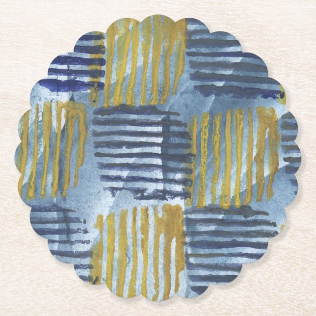 Abstract yellow and blue stripes paper coaster (Front)