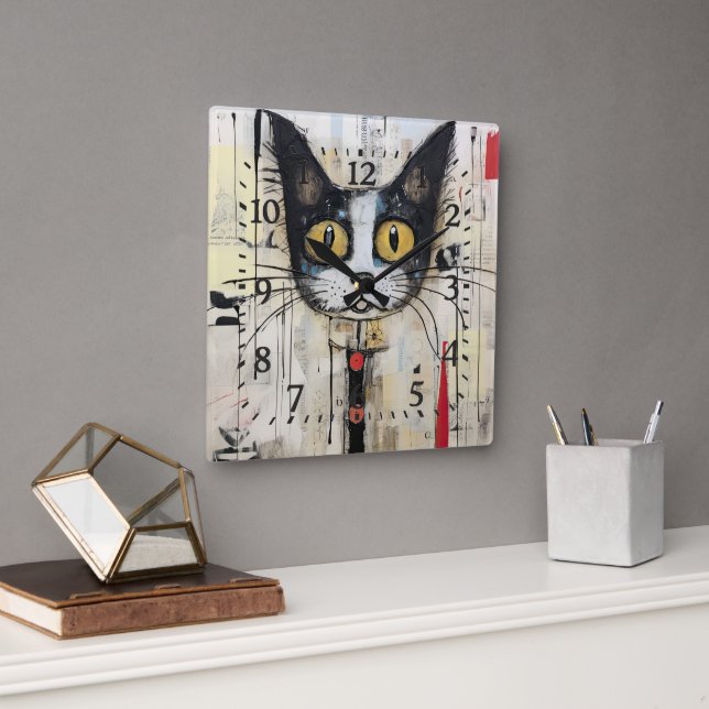  Abstract Yellow Eyed Colourful Cat Square Wall Clock (Office)