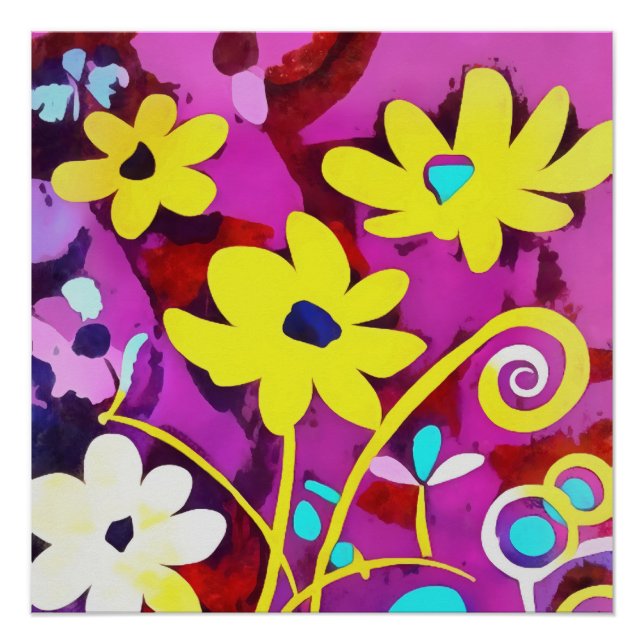 Abstract Yellow Flowers On Viva Magenta Poster (Front)