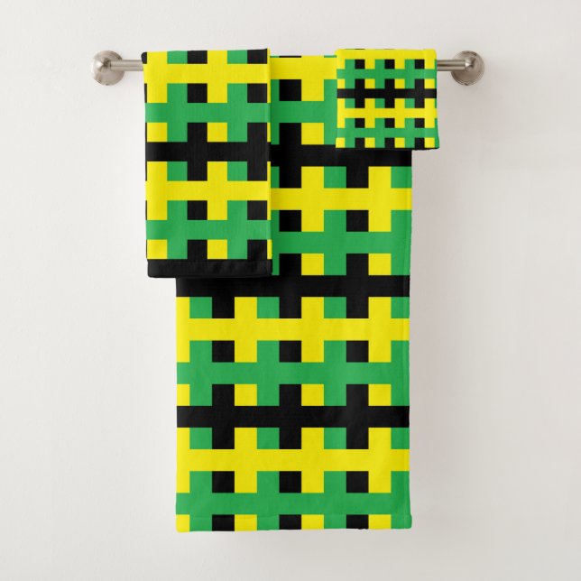 Abstract Yellow, Green and Black Bath Towel Set (Insitu)