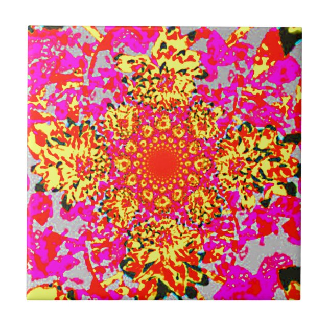 Abstract Yellow Pink  Floral Dahlia Flower Pattern Tile (Front)