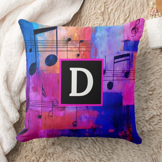 Abstract yellow red blue musical notes monogrammed cushion (Blanket)