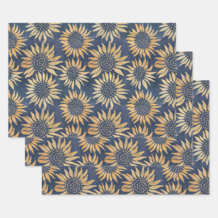 Abstract Yellow Sunflowers on Blue Wrapping Paper Sheet