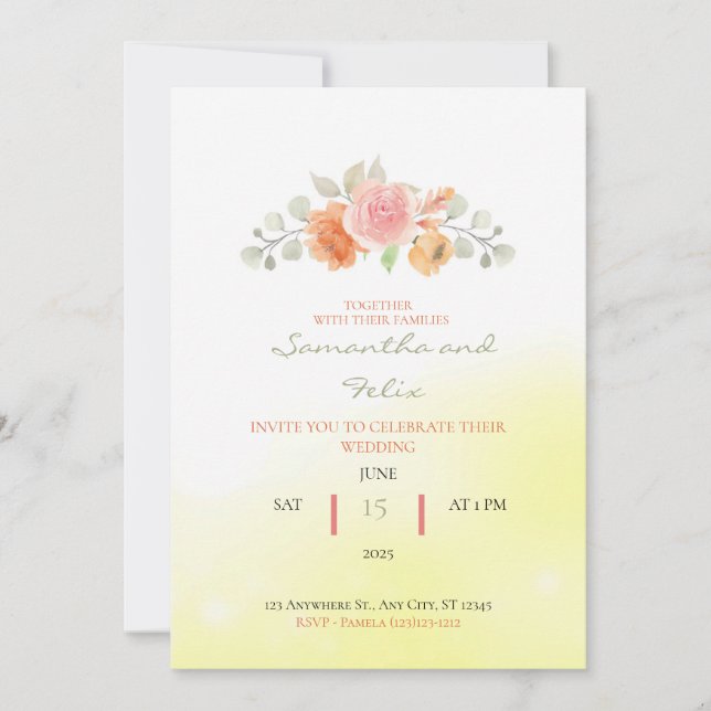 Abstract Yellow Wedding Invitation With Roses (Front)