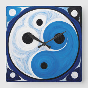 Abstract Yin Yang: Modernist Blue & White Square Wall Clock