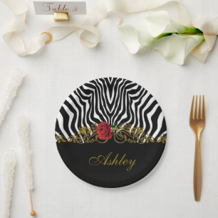 Abstract Zebra Flower Red Black White Gold         Paper Plate