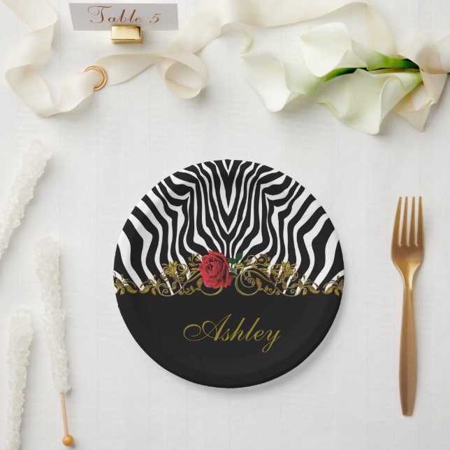 Abstract Zebra Flower Red Black White Gold         Paper Plate (Wedding)