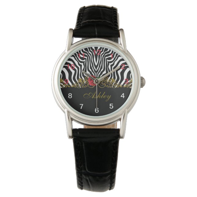 Abstract Zebra Flower Red Black White Gold         Watch (Front)