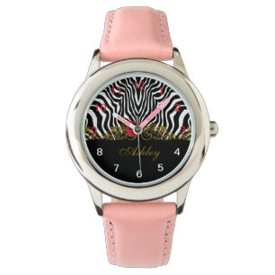 Abstract Zebra Flower Red Black White Gold         Watch