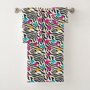 Abstract Zebra Stripes with Leaf Paint Splash Bath Towel Set