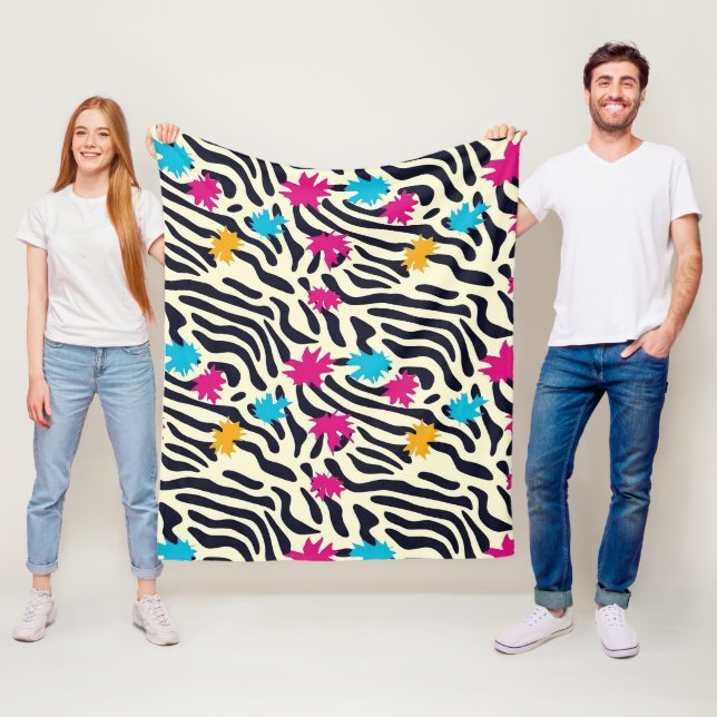 Abstract Zebra Stripes with Leaf Paint Splash Fleece Blanket (In Situ)