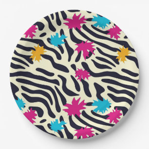 Abstract Zebra Stripes with Leaf Paint Splash Paper Plate