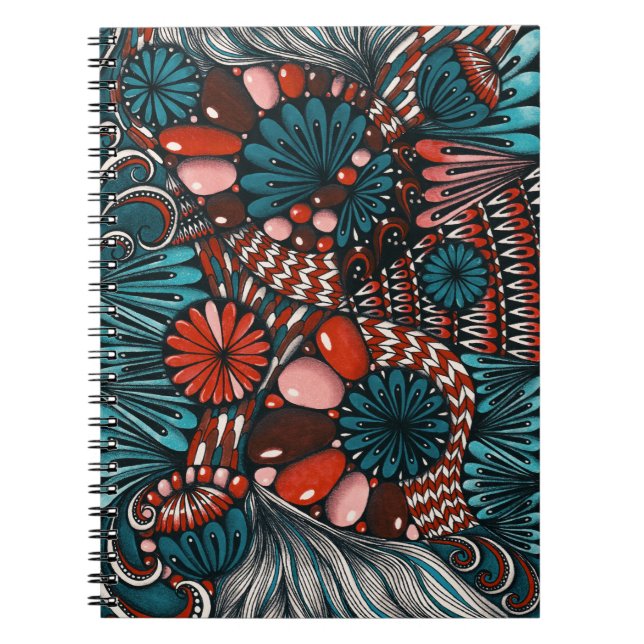 Abstract Zentangle Teal and Coral Red Spiral Noteb Notebook (Front)