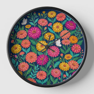 Abstract Zinnias & Butterflies Mexican Art Clocks