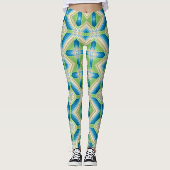 Abstraction geometric shapes blue green white elem leggings (Front)