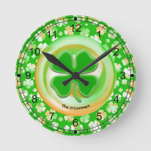 AbstractIrish Green/White/Orange Shamrock Pattern Round Clock