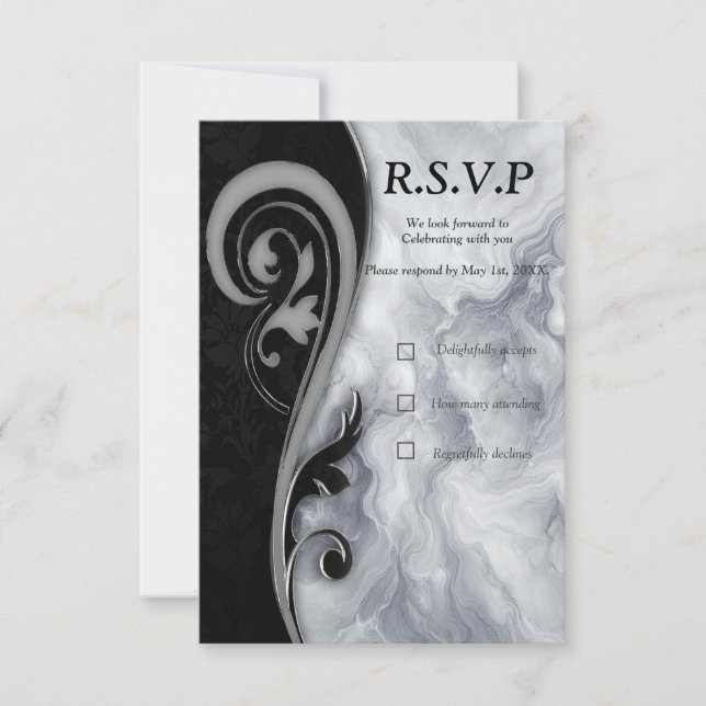 Abstracts Gold on Black & Mixed Marble Textures RSVP Card (Front)