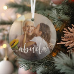 Abuela Grandma Script Overlay Glass Tree Decoration<br><div class="desc">Create a sweet gift for a special grandmother with this beautiful custom ornament. "Abuela" appears as an elegant white script overlay on your favorite photo of grandma and her grandchild or grandchildren.</div>