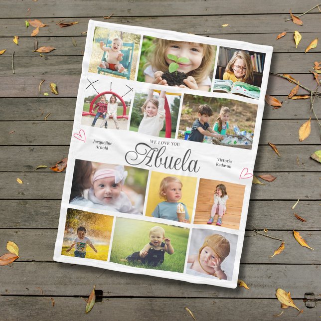 Abuela We Love You Personalised Hearts Fleece Blanket (Abuela fleece blanket with custom photos and text.)