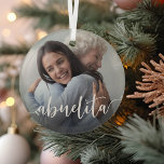 Abuelita Grandma Script Overlay Glass Tree Decoration<br><div class="desc">Create a sweet gift for a special grandmother with this beautiful custom ornament. "Abuelita" appears as an elegant white script overlay on your favorite photo of grandma and her grandchild or grandchildren.</div>