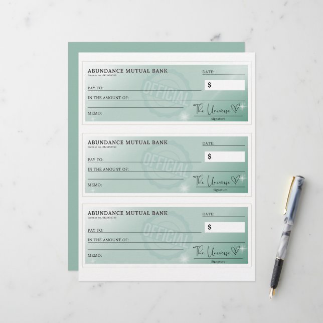 Abundance Check - Law of Attraction teal green (Front/Back In Situ)