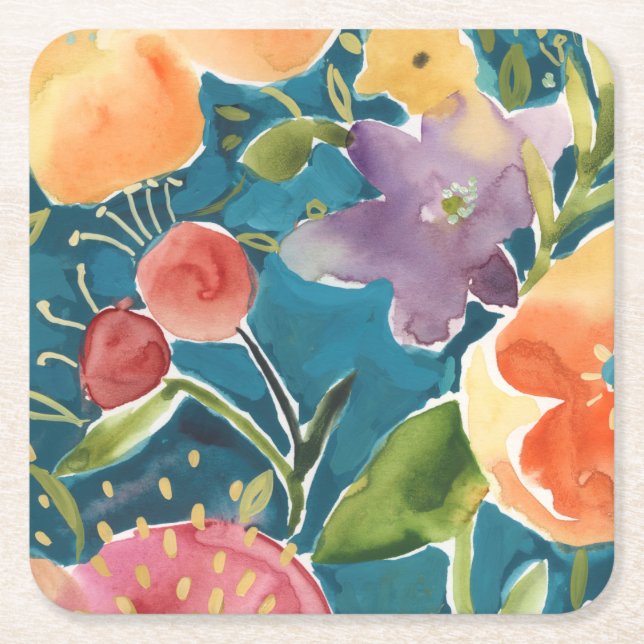 Abundant Florals I Square Paper Coaster (Front)