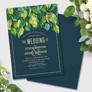 Abundant Foliage Fall Greenery Blue Modern Wedding Invitation