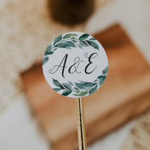 Abundant Foliage Wedding Monogram Classic Round Sticker
