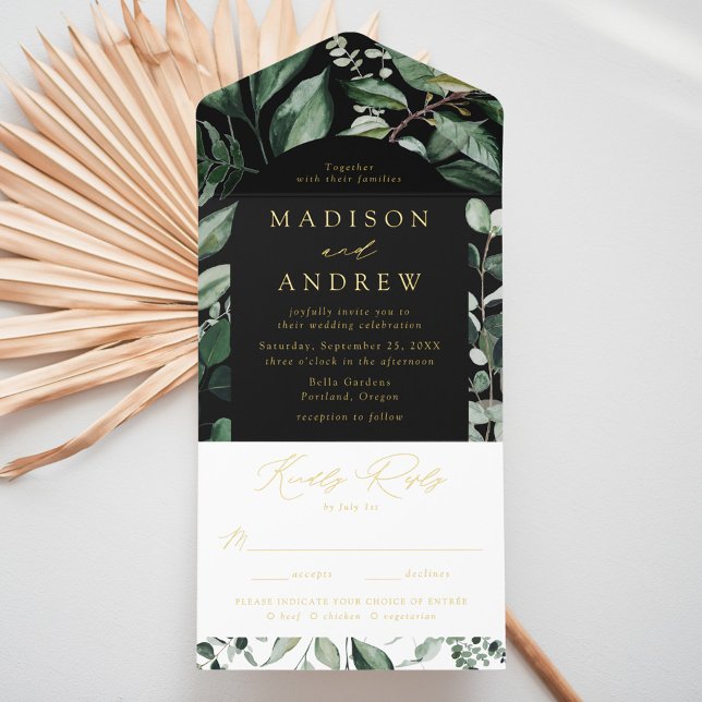 Abundant Greenery Black Arch Frame Foil Wedding All In One Invitation (Creator Uploaded)