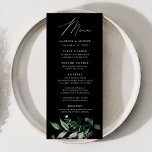 Abundant Greenery Black Dinner Wedding Menu<br><div class="desc">Elegant wedding menu featuring "Menu" displayed in a modern calligraphy script with a bouquet of eucalyptus, fern, and other rich greenery shown below on a black background. Personalise the botanical wedding menu with your names, wedding date, and dinner menu. The simple wedding menu reverses to a solid black background with...</div>