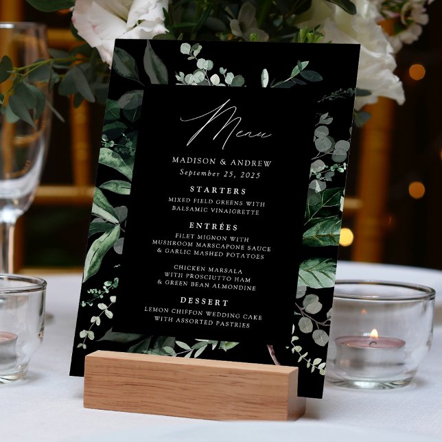 Abundant Greenery Black Dinner Wedding Menu (Creator Uploaded)