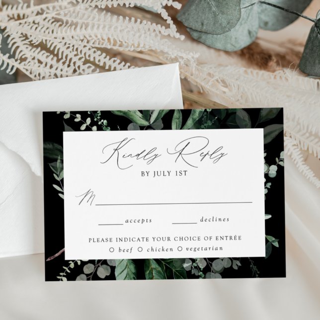 Abundant Greenery Black Meal Choice Wedding RSVP Card (Creator Uploaded)