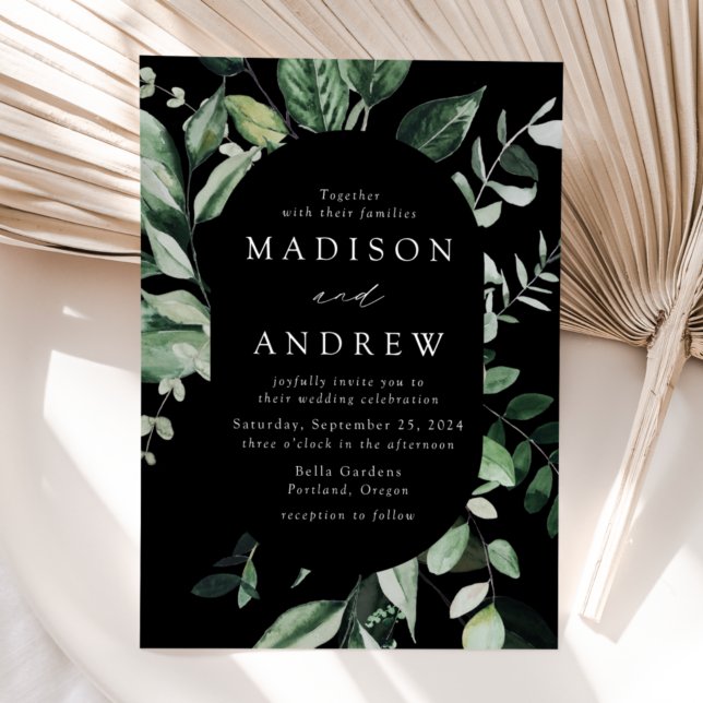 Abundant Greenery Black Oval Frame Wedding Invitation (Creator Uploaded)