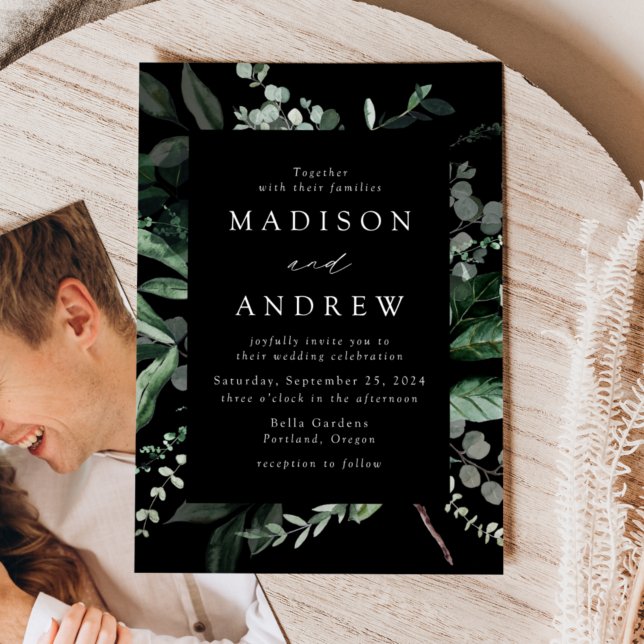 Abundant Greenery Black Photo Wedding Invitation (Creator Uploaded)