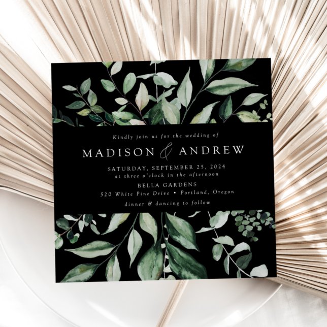 Abundant Greenery Black Square Wedding Invitation (Creator Uploaded)