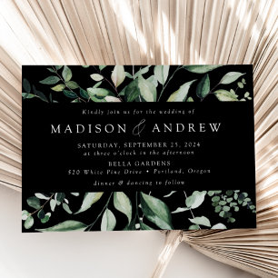 Abundant Greenery Frame Black Wedding Invitation