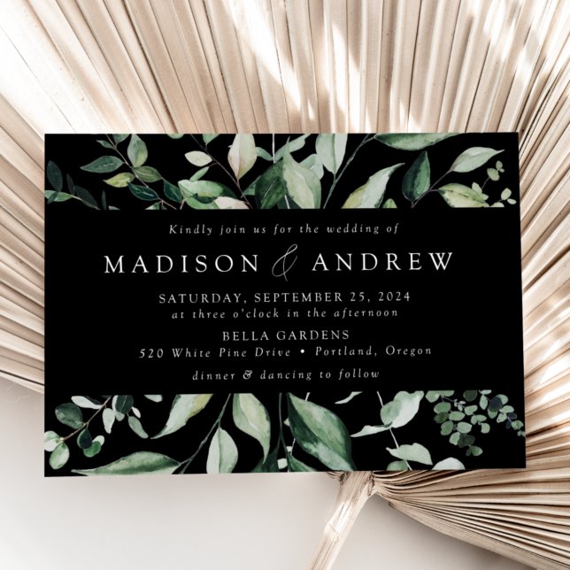 Abundant Greenery Frame Black Wedding Invitation (Creator Uploaded)