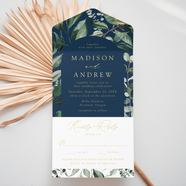 Abundant Greenery Navy Arch Frame Foil Wedding All In One Invitation (Creator Uploaded)