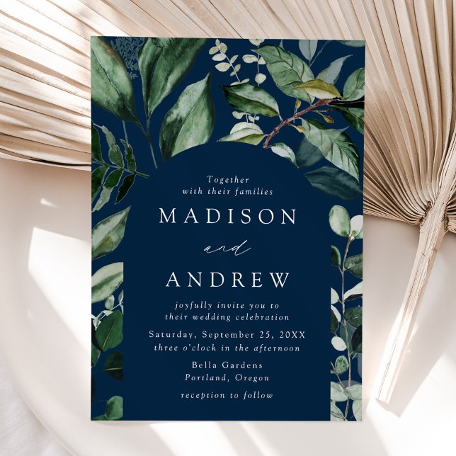 Abundant Greenery Navy Arch Frame Wedding Invitation (Creator Uploaded)