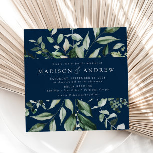 Abundant Greenery Navy Square Wedding Invitation