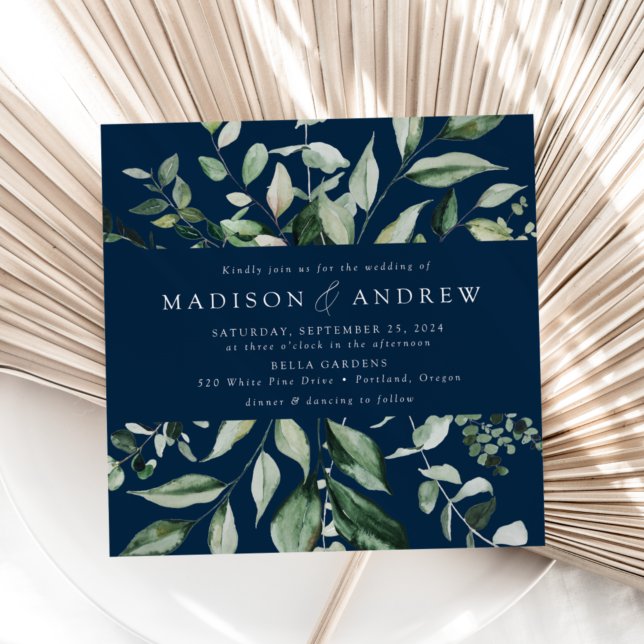 Abundant Greenery Navy Square Wedding Invitation (Creator Uploaded)