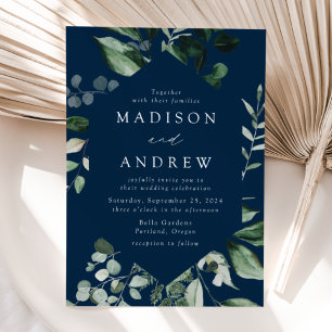 Abundant Greenery Navy Wedding Invitation