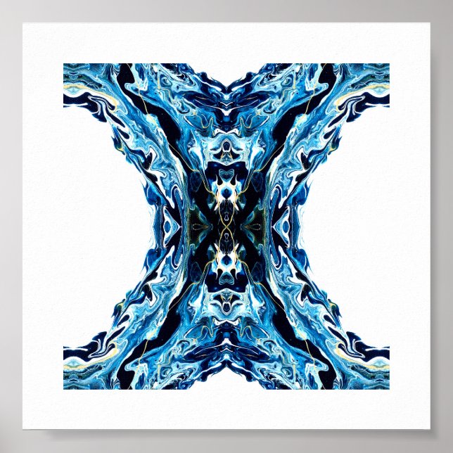 Abyss Abstract Navy Blue Gold White Fluid Art Poster (Front)